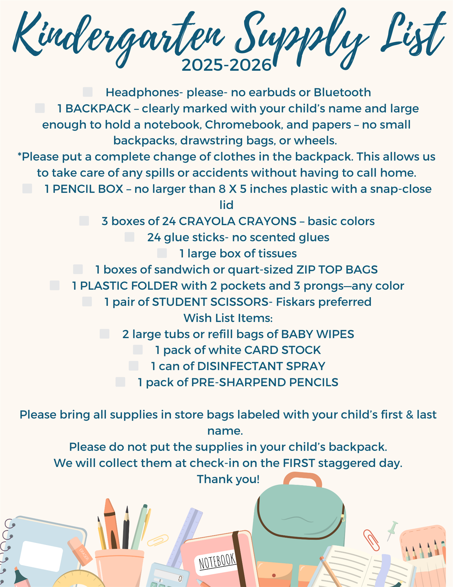 Kindergarten Supply List