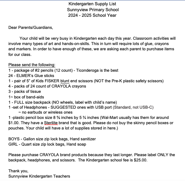Kindergarten Supply List