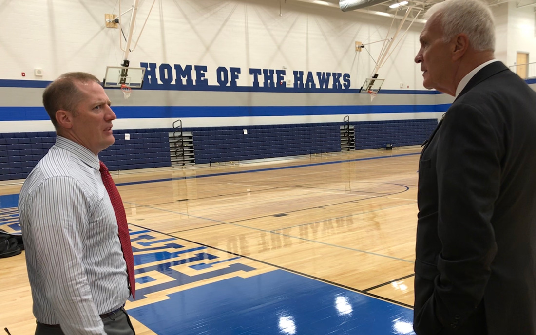 Hardin Valley Middle School principal Cory Smith discusses the new school with Superintendent Bob Thomas