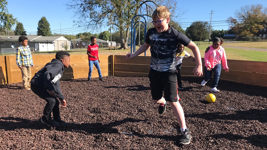 Fourth-grader Kory Ball tries to avoid getting hit during a game of gaga ball on Oct. 24, 2018. 