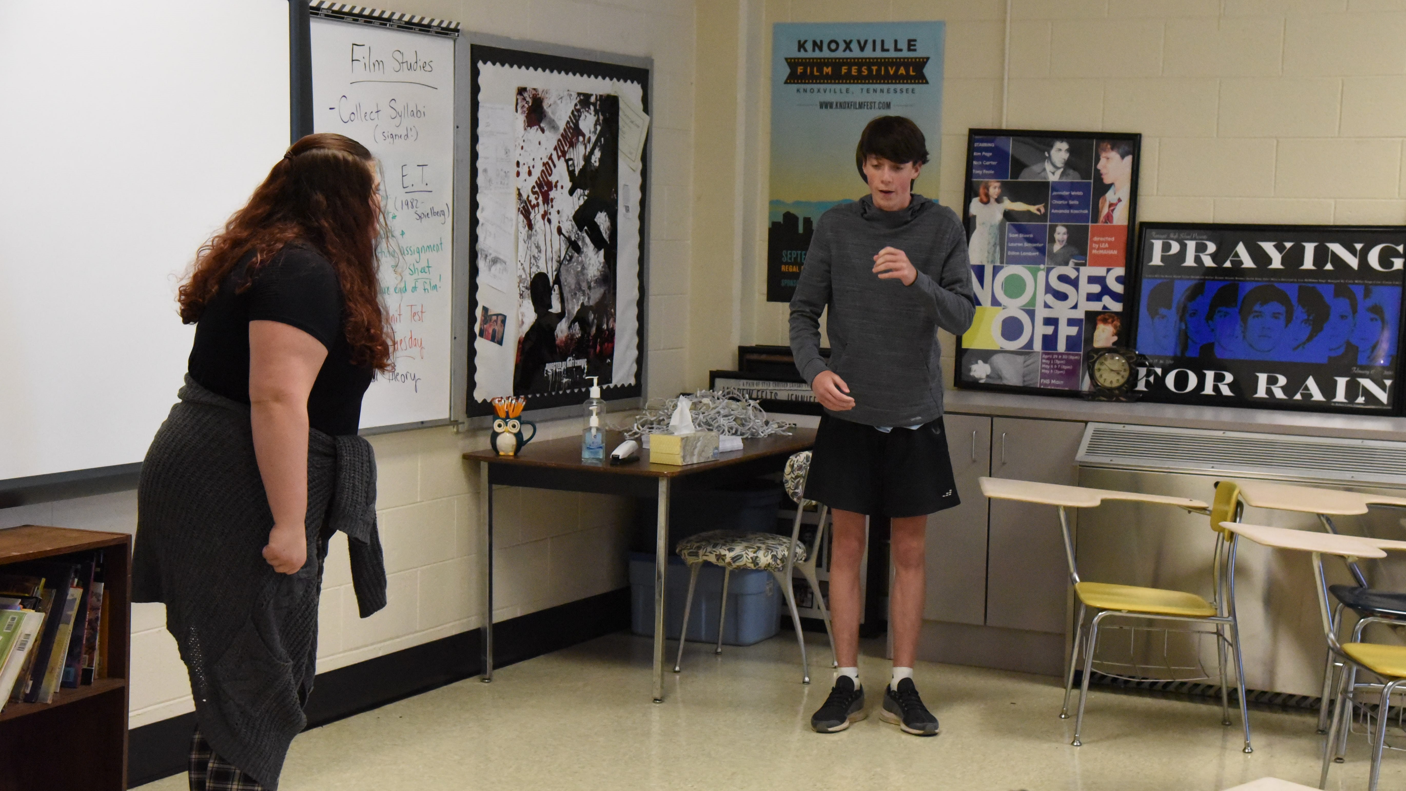 Farragut High School students Caroline Butler and Will Stevens perform a scene during auditions for the school's Improv Club, on August 14, 2019. 