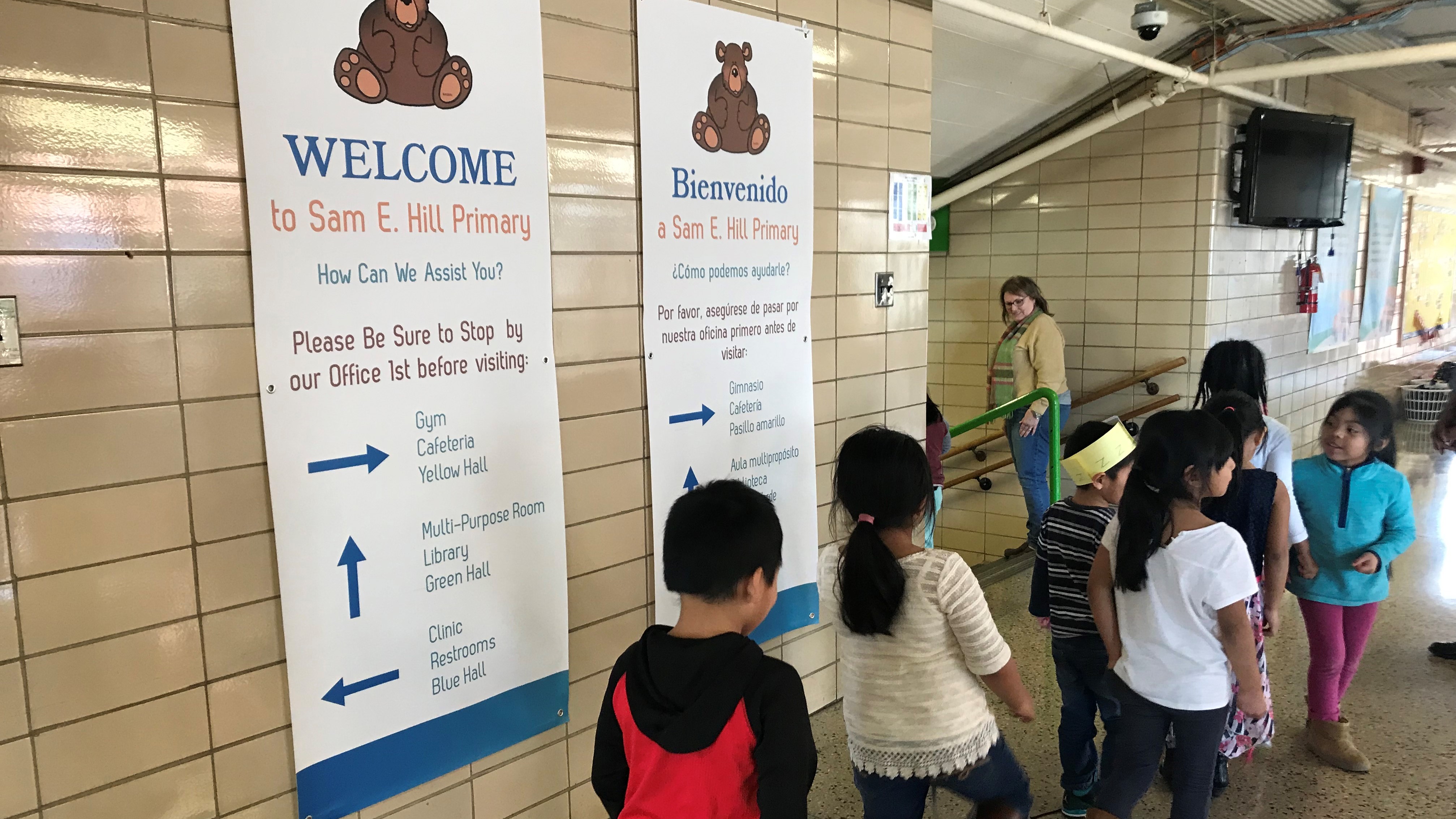 Students at Sam E. Hill Primary School walk to class on Jan. 28, 2019. 