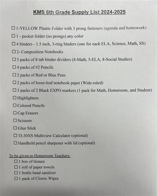 6th Grade Supply List