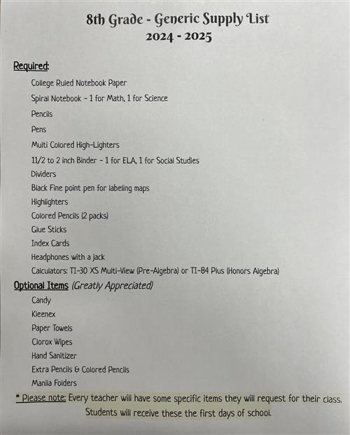 8th Grade Supply List