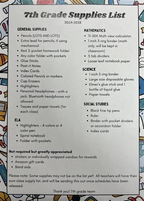 7th Grade Supply List