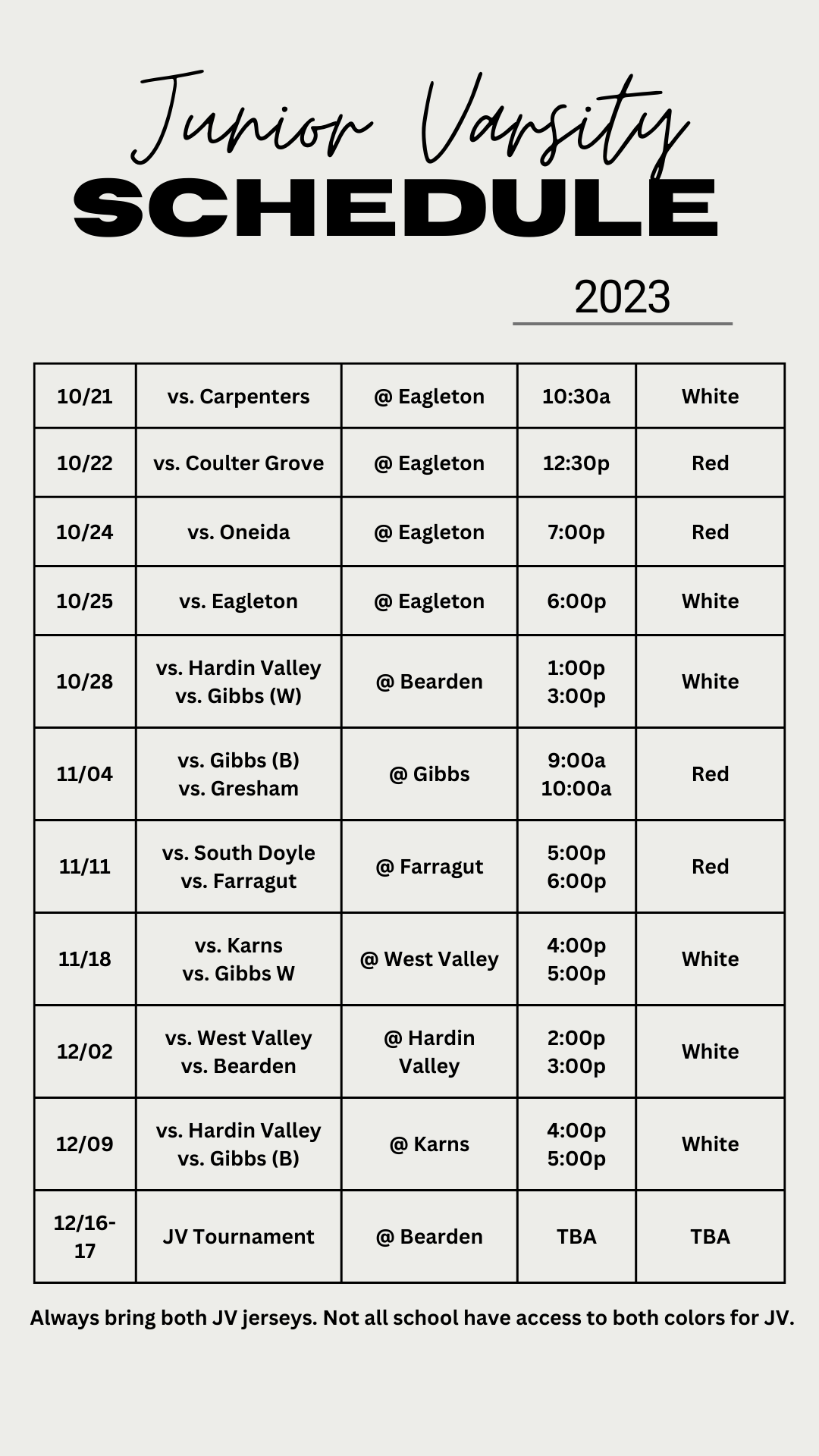 JV Schedule